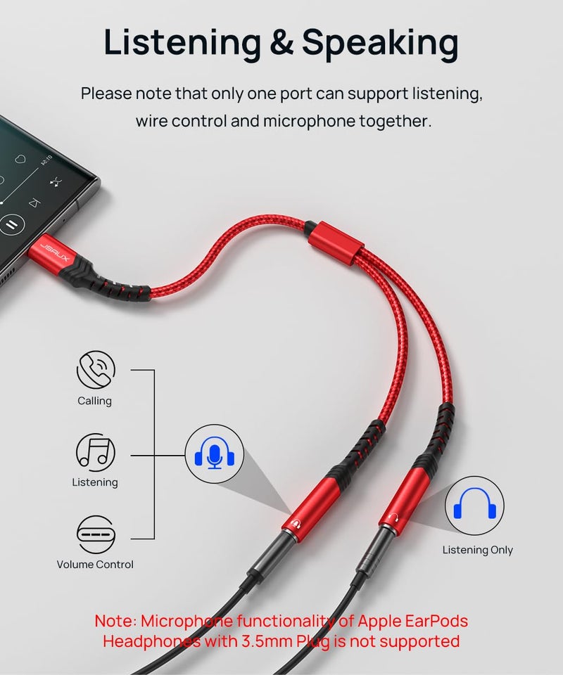 jsaux محول JSAUX USB C إلى مقسم سماعة رأس مزدوج 3.5 مم أنثوي، Type C إلى مقبس Y أنثوي مزدوج 3.5 مم متوافق مع iPhone 16 Pro Max/15 Pro Max، Galaxy S24/23 Ultra، Pixel، iPad Pro - أحمر - Image 3